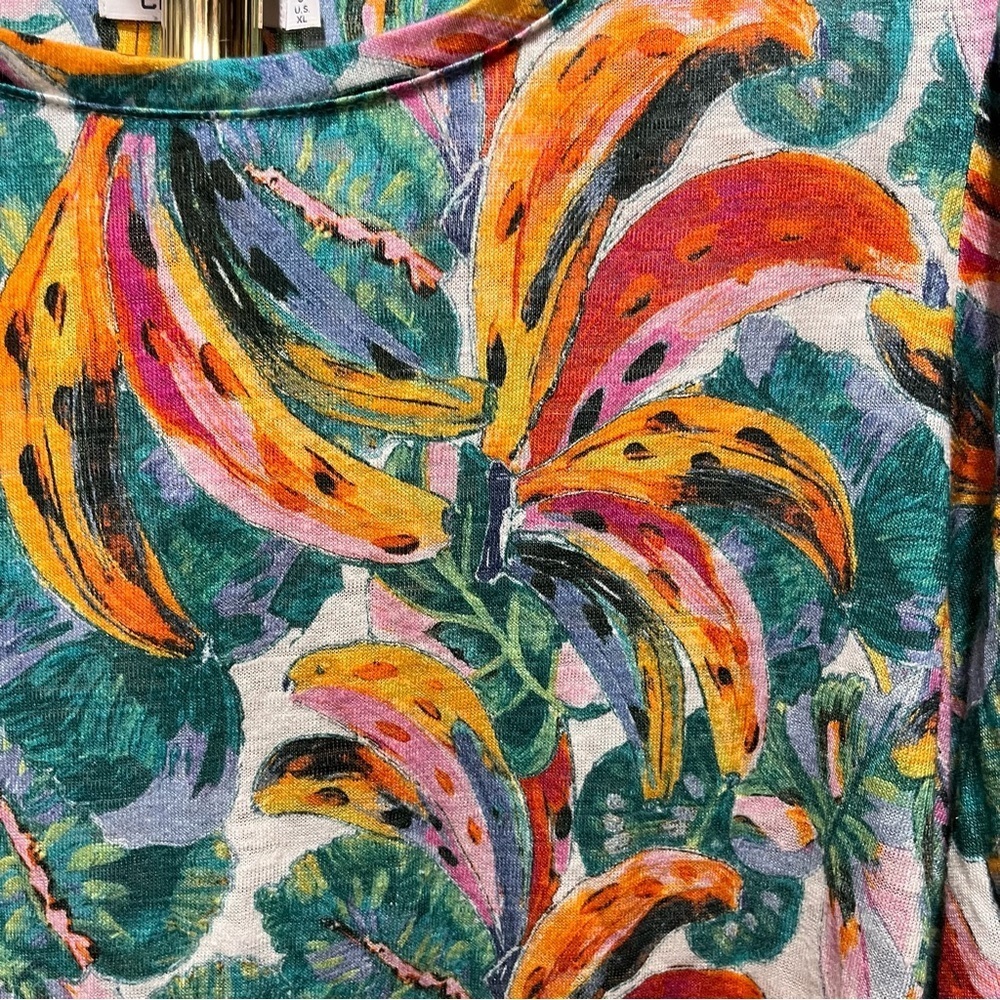 Chico's 100% Linen Tropical Banana Print Short Sleeve Top Size 3 - Picture 5 of 10